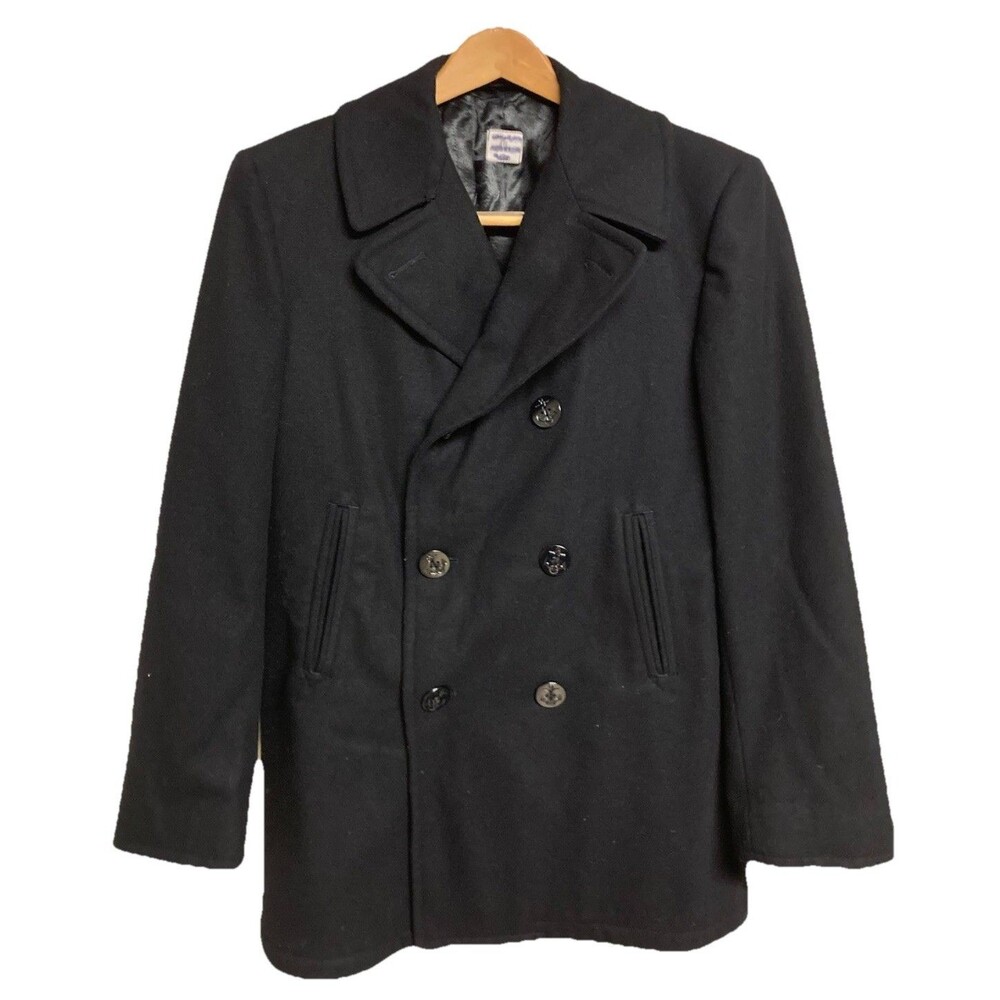 Men's VTG US Navy Kersey Peacoat Double Breasted Metal Buttons Black Wool Sz 40L